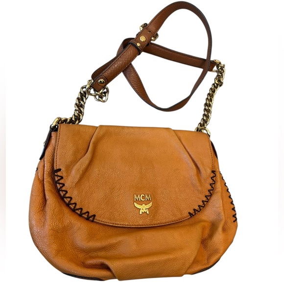 MCM Tan Leather Crossbody Bag with Elegant Chain Strap GUC minor stain bottom - Picture 1 of 16